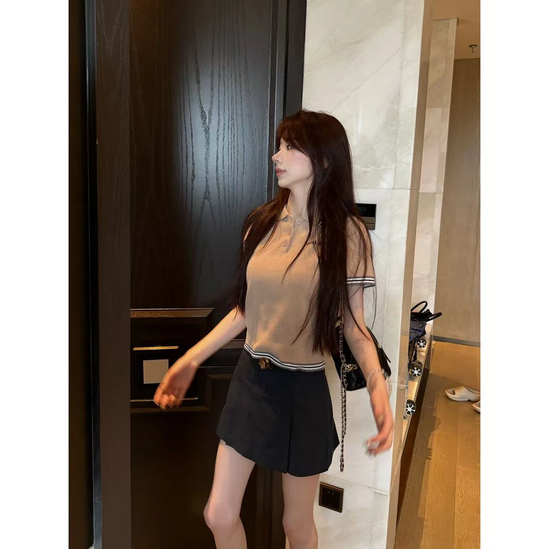 【思琦定制】学院风polo领正肩夏季短袖针织衫女+半裙