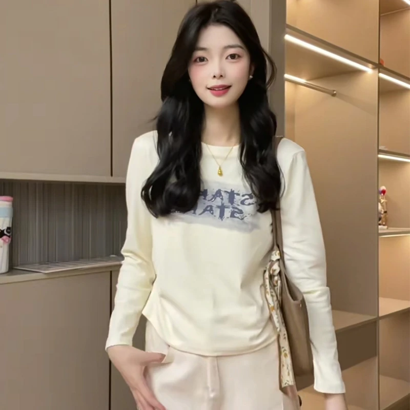 正肩长袖T恤女秋冬新款修身褶皱显瘦不规则设计感短款小个子上衣