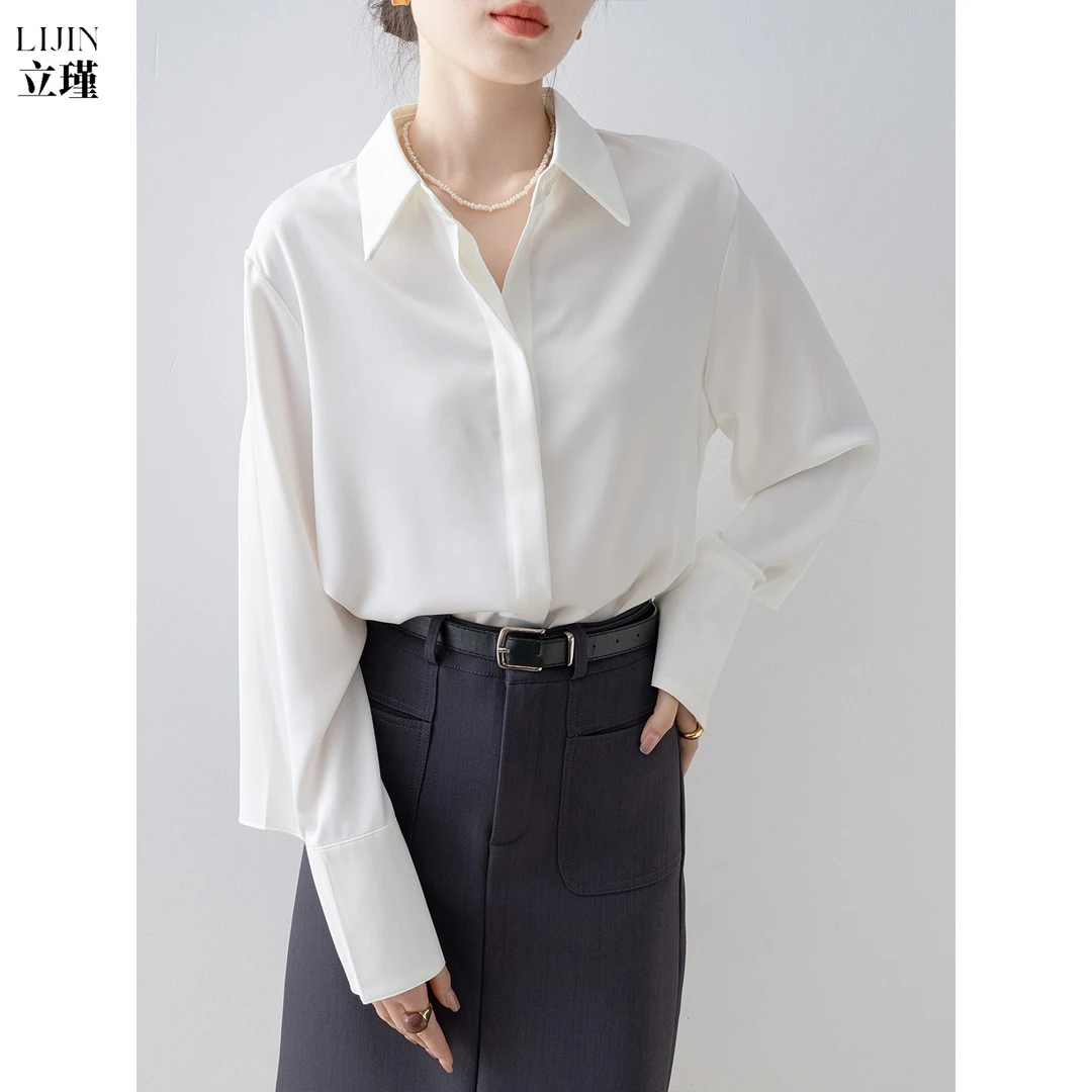 法式白衬衫女装早秋新款2025宽松长袖缎面衬衣通勤职业装气质上衣