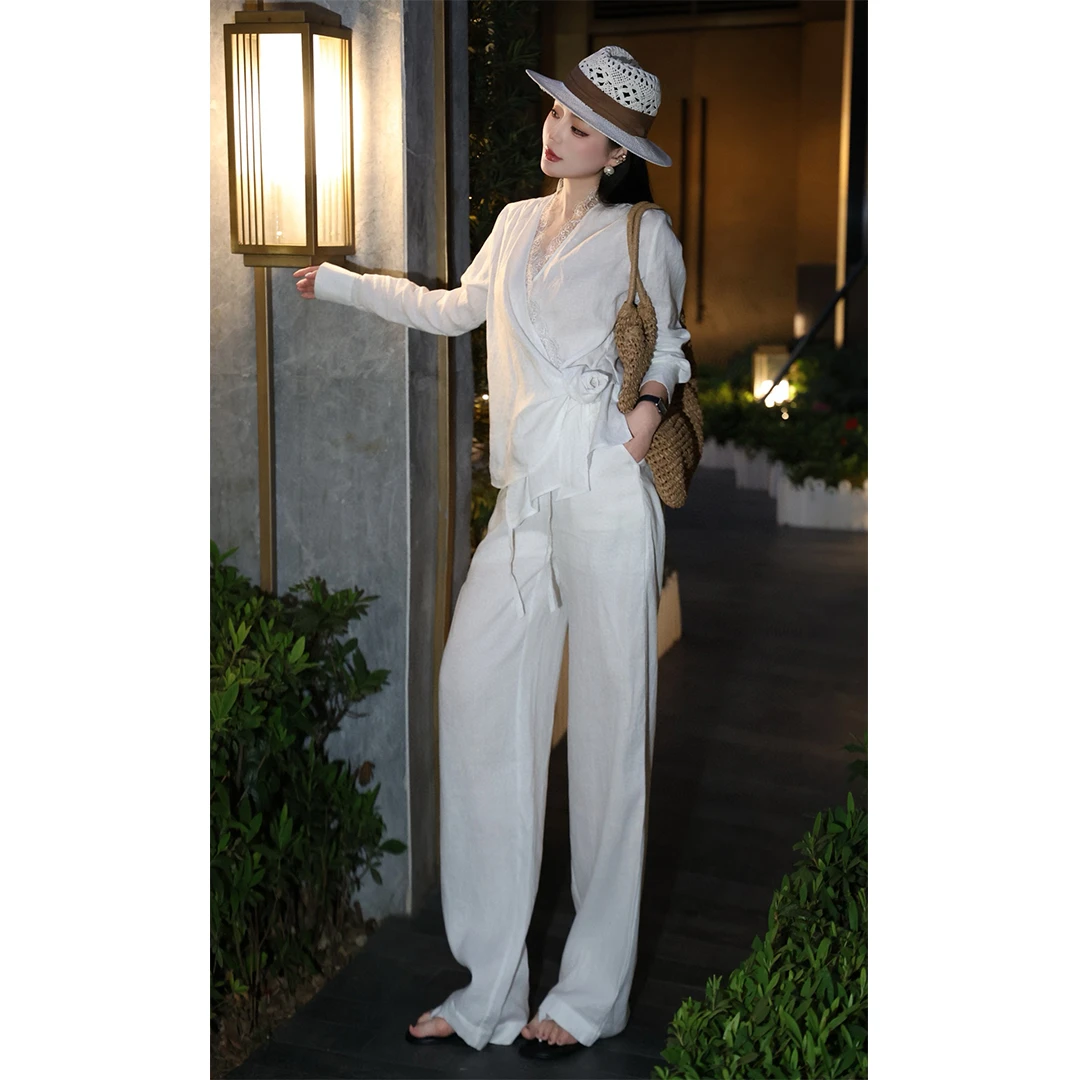 2025春夏法式气质蕾丝花边休闲松驰感亚麻衬衫长裤套装洋气两件套