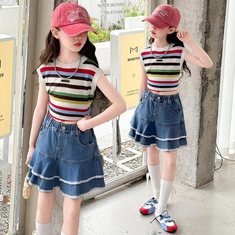 女童无袖套装夏季2025新款儿童多巴胺条纹背心大童牛仔短裙两件套