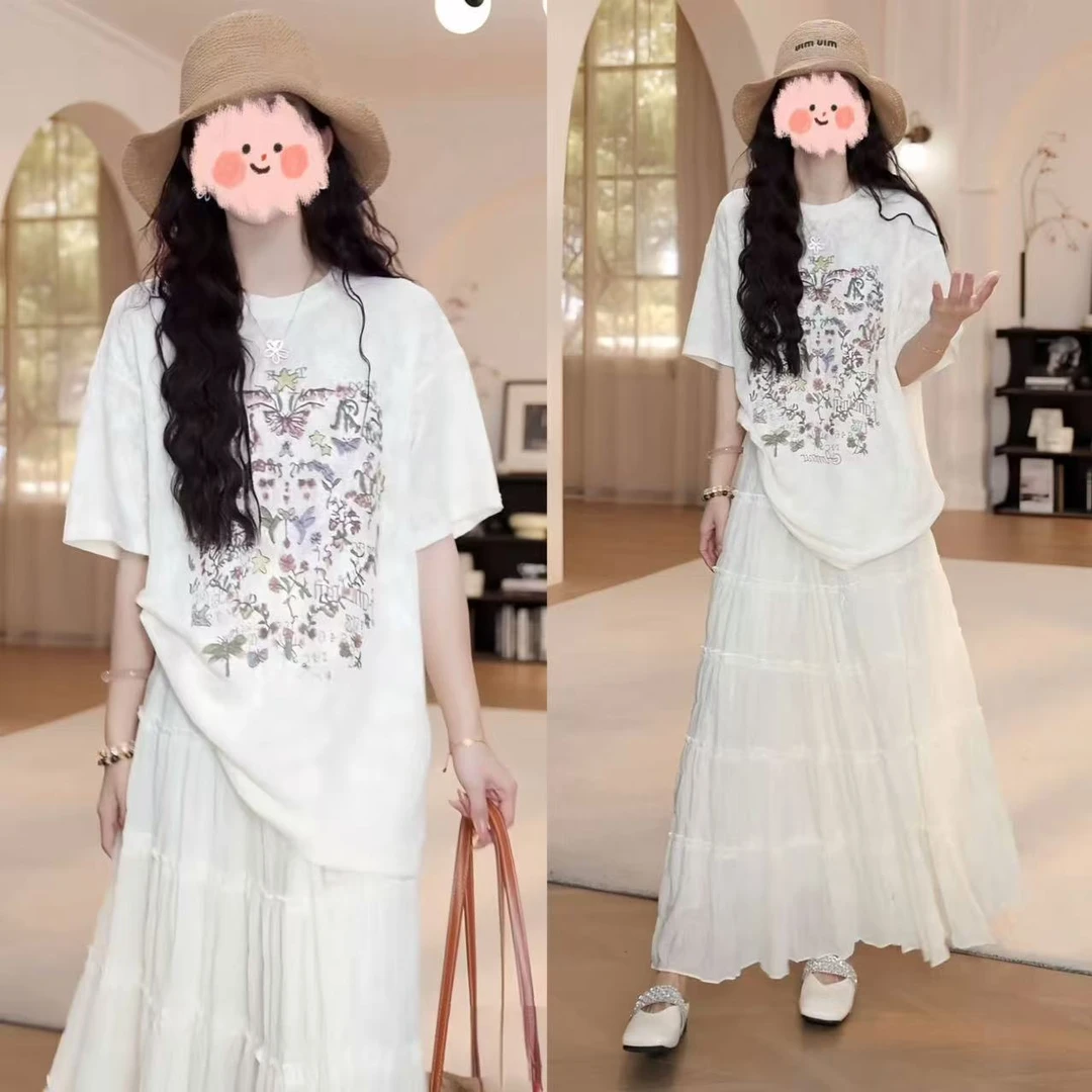 2025夏季韩版蕾丝提花短袖T恤上衣百搭蛋糕半身裙套装洋气衣服女