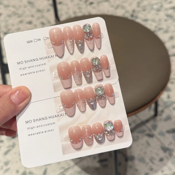 【浮光山茶】双色锆石玫瑰切气质百搭法式多巴胺夏日纯手工穿戴甲