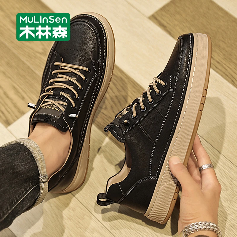 木林森休闲板鞋2025春秋季新款简约男鞋男款小众百搭复古黑色皮鞋