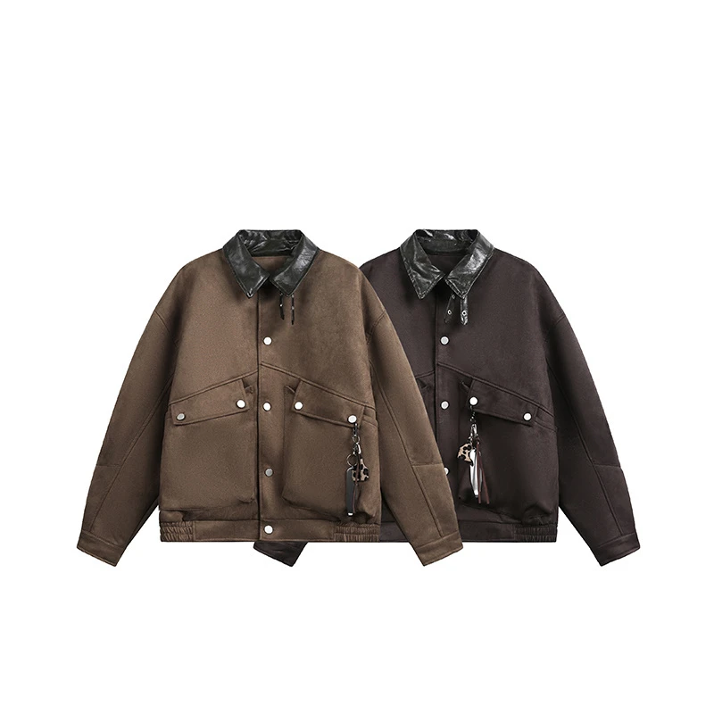 美式翻领拼接挂件装饰设计工装夹克cleanfit宽松通勤外套