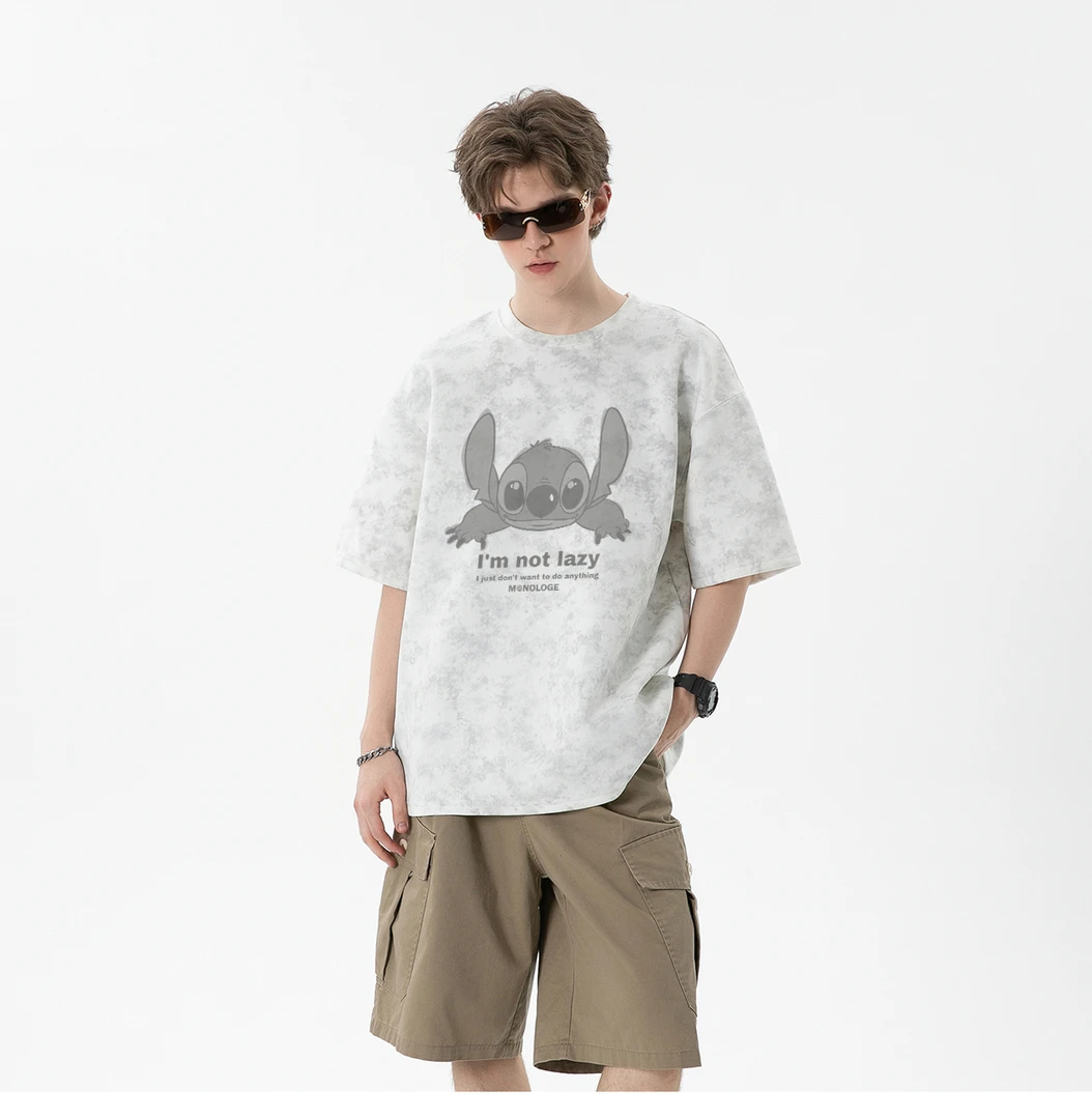 加大码300斤卡通史迪仔扎染纯棉短袖t恤男女夏季宽松显瘦重磅上衣