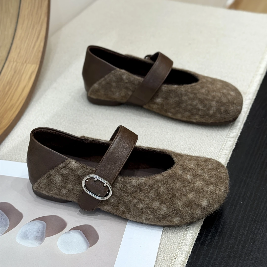 韩版复古毛呢气质芭蕾晚晚鞋女2025新款秋森系两穿平底玛丽珍单鞋