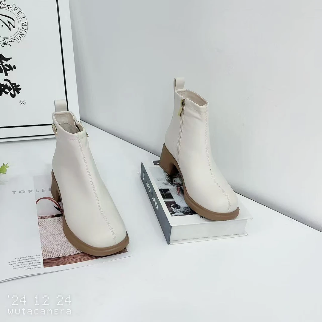 293606 新款时尚秋冬百搭粗跟圆头女短靴加绒