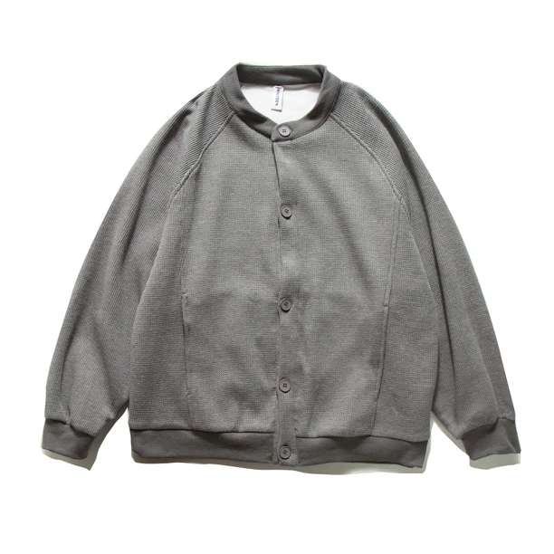 大码秋季新款美式复古华夫格重磅开衫夹克宽松休闲棒球服卫衣潮