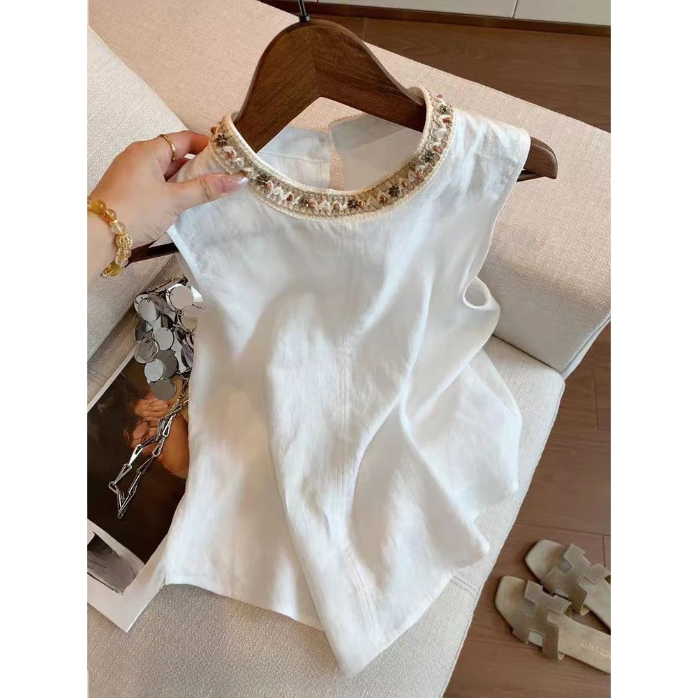 眼前一亮！！怒推，高级感后背开叉微褶花边钉珠无袖上衣女夏季背心