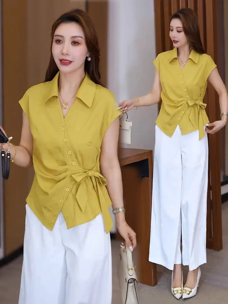 时尚套装女夏季新款时髦洋气短袖法式不规则系带上衣阔腿裤两件套