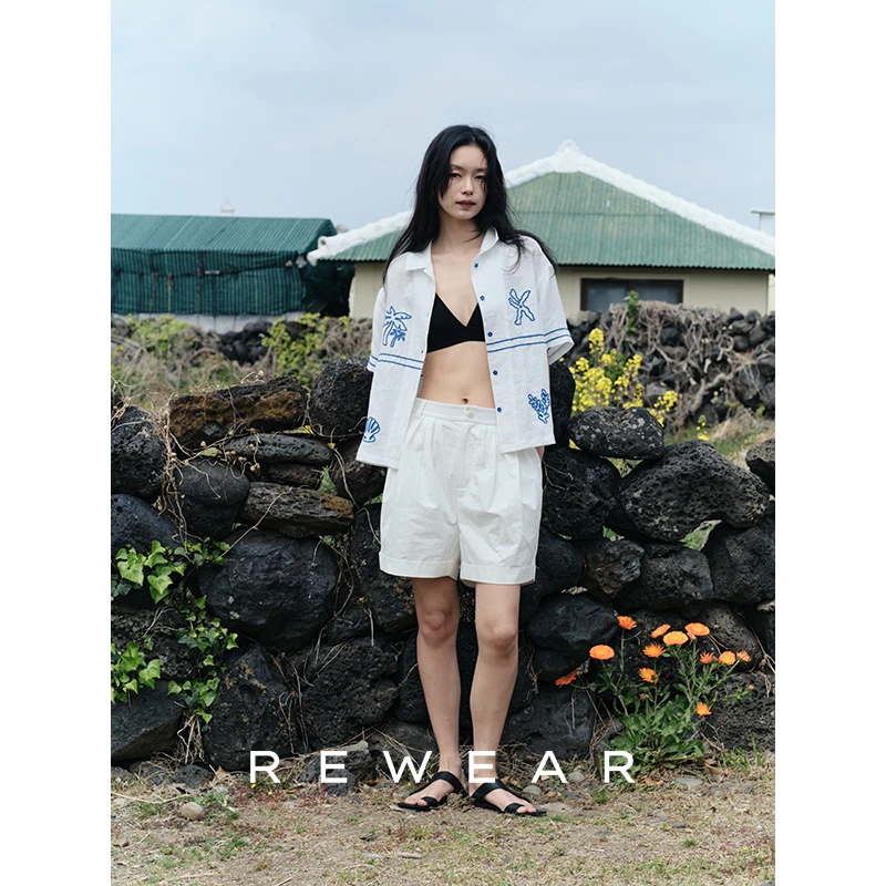REWEAR/进口亚麻 度假风重工刺绣海洋度假风古巴领短袖衬衫14121