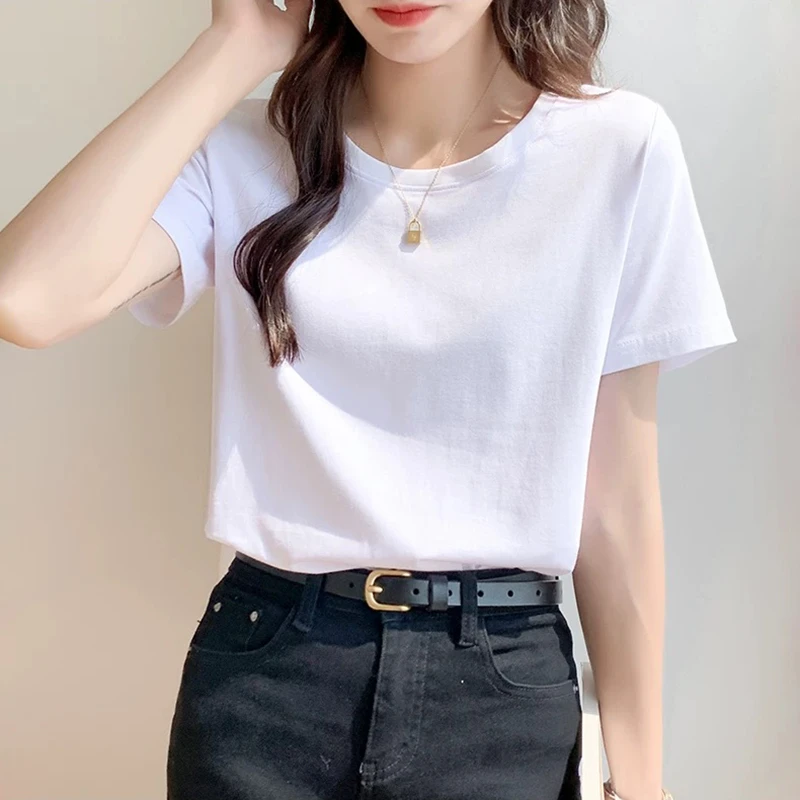 夏季短袖常规款平口下摆T恤女白色正肩气质简约百搭休闲小上衣潮