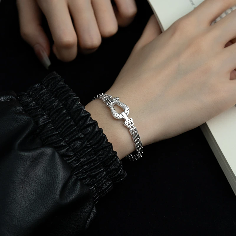 925银手镯 马蹄扣纯银手镯肌理感高级感ins小众冷淡风复古手镯