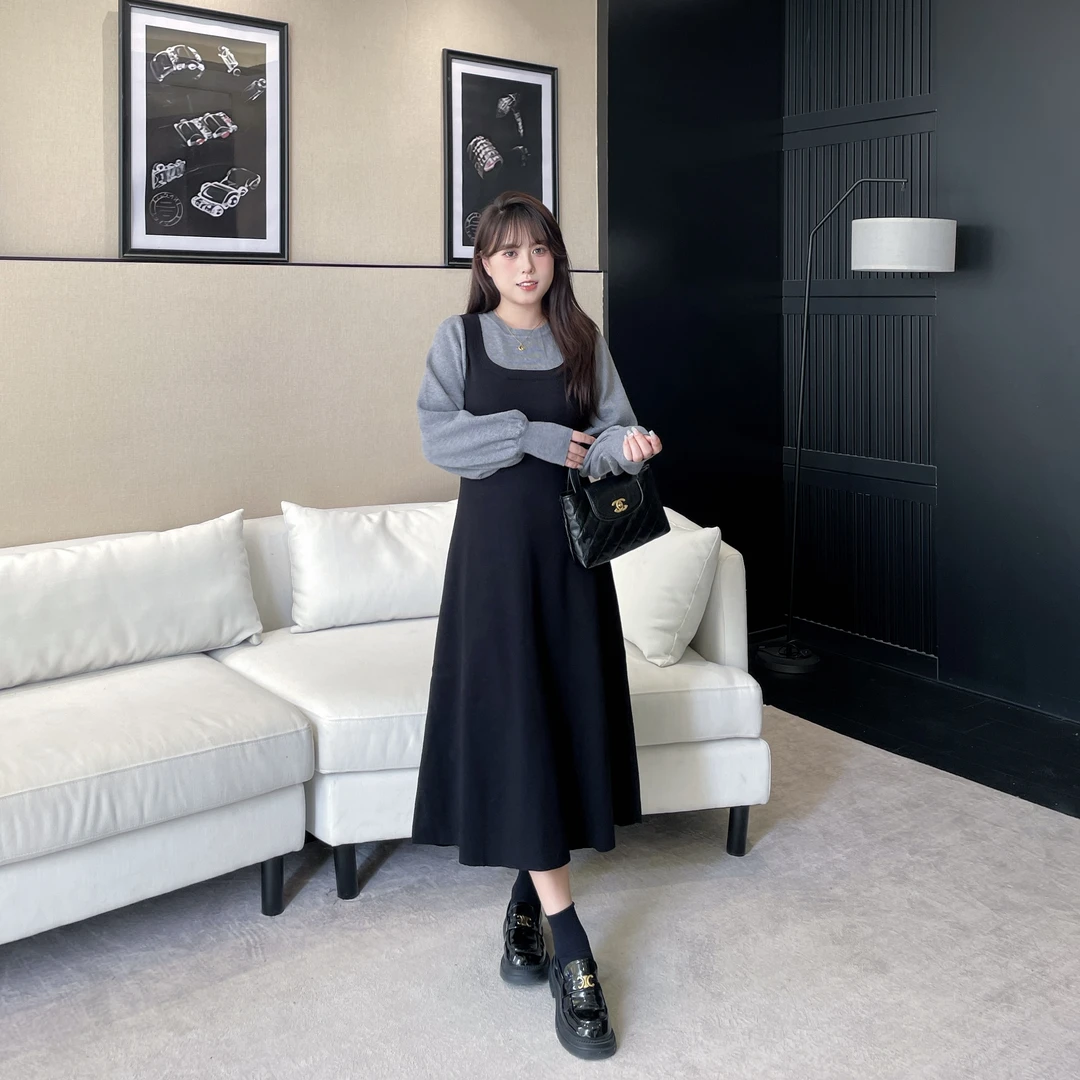 现货-慕翎【蜜意学院】-S腰弹力灰拼接黑灰配外套针织假两件裙子