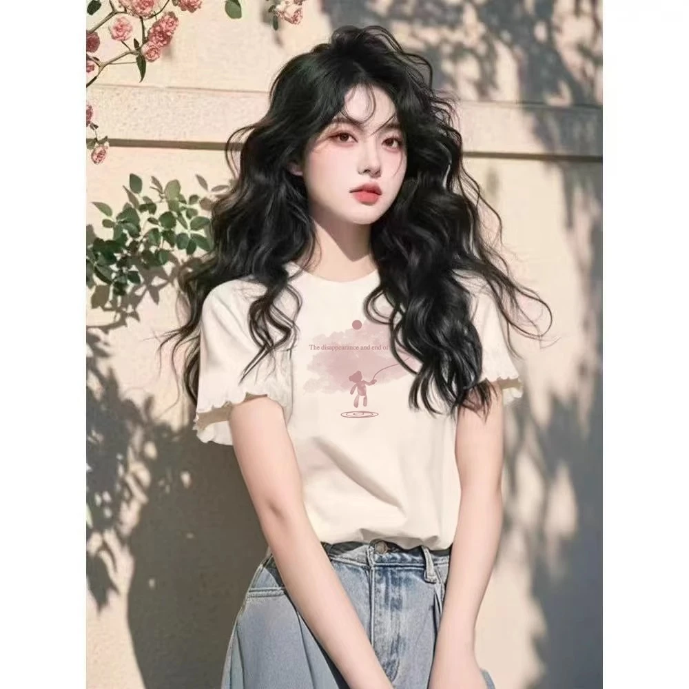 法式木耳边短袖t恤女夏季宽松薄款甜美上衣服别致短款半袖高级感