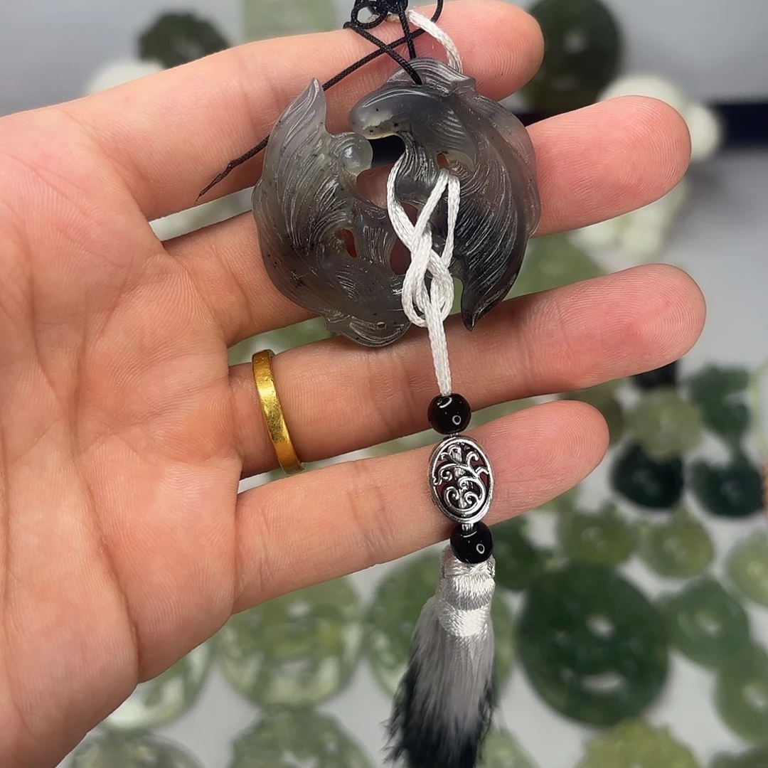 岫玉未镶嵌双鱼岫玉水墨双鱼玉佩带流苏