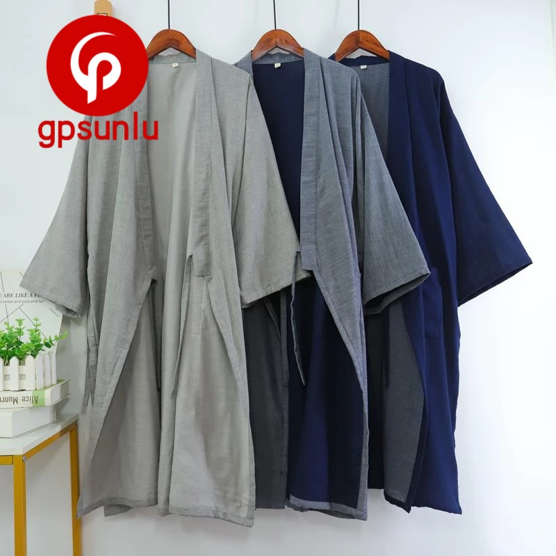 gpsunlu「日系小众」夏季纯棉浴袍男款日式和服睡袍中长款系带大码