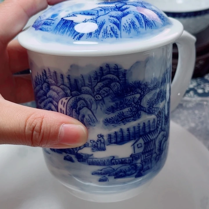 青花玲珑办公杯手绘山水