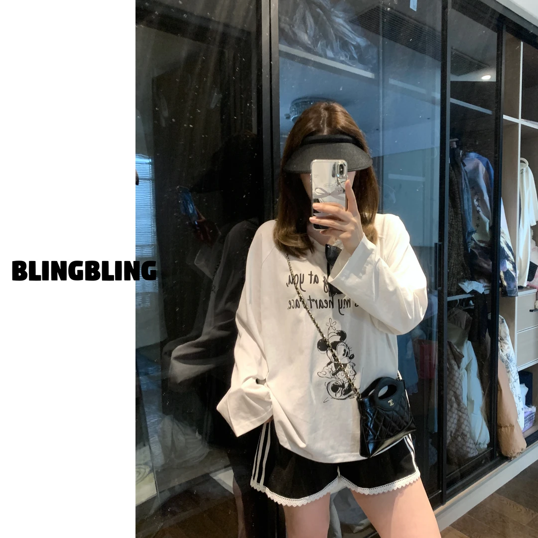 唐不灵微胖《卡通米奇》大码显瘦长袖T恤宽松休闲百搭韩版白色