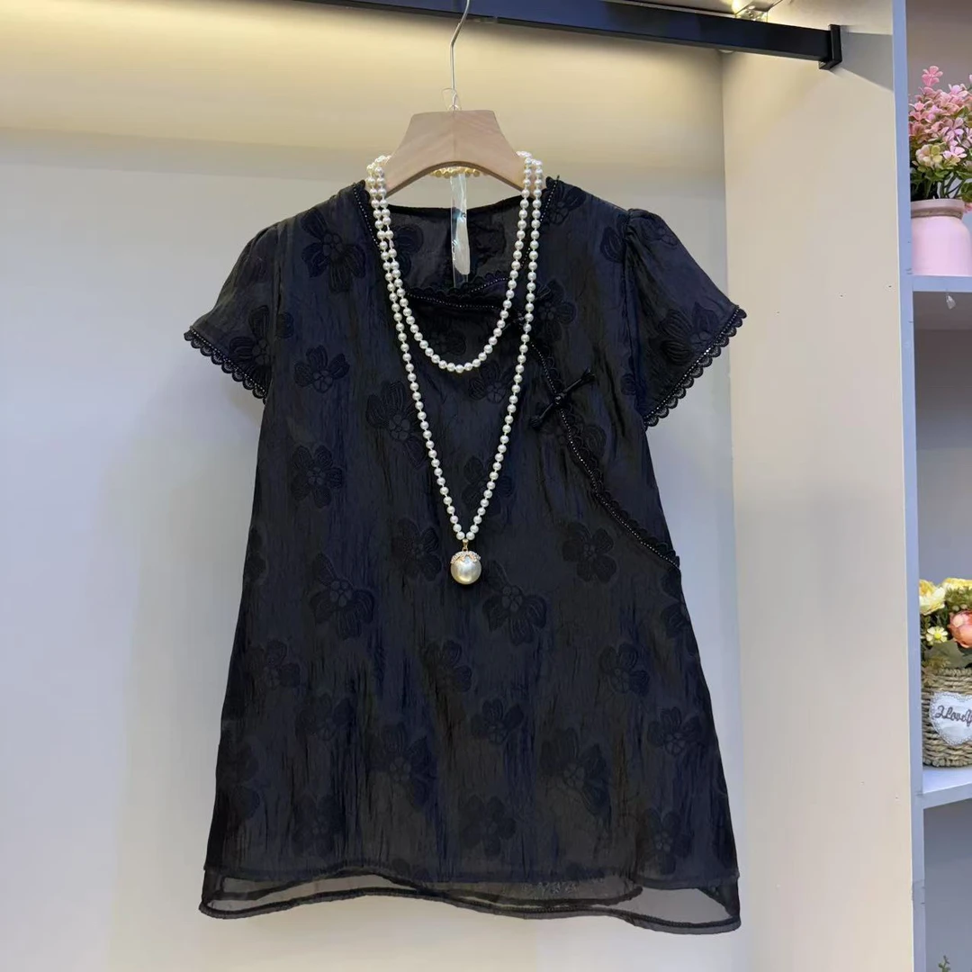 2025新款大码女装夏季高级感复古盘扣精致钻边气质显瘦女人衫