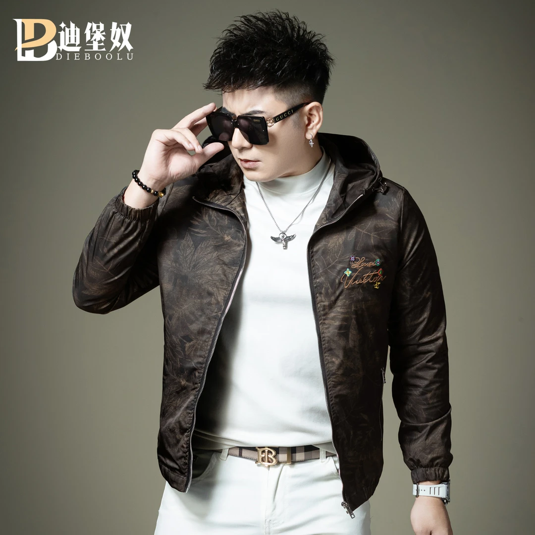 欧洲站高端潮牌迷彩印花夹克男士潮流刺绣休闲上衣修身连帽外套男