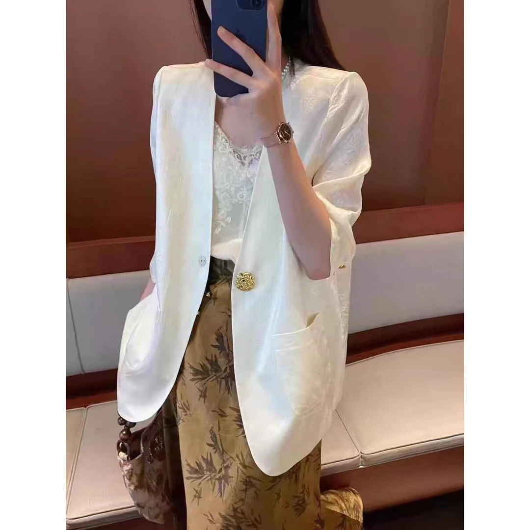 欧货薄款七分袖缎面西装外套女2025夏季时尚通勤宽松显瘦西服上衣