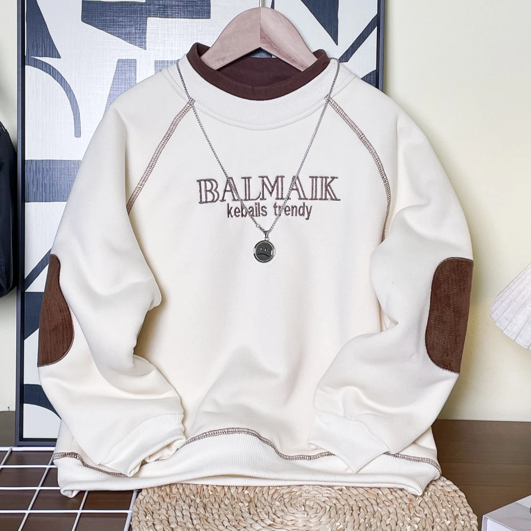 冬季加绒中大童圆领时尚保暖洋气炸街儿童春季宽松套头百搭卫衣