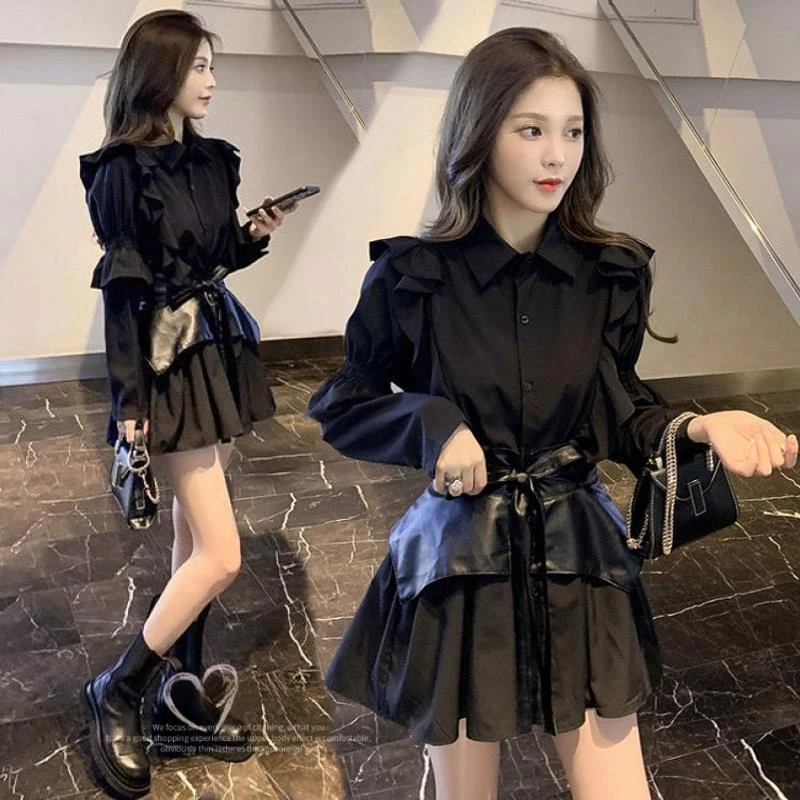 早秋季洋气减龄炸街连衣裙女大码微胖气质收腰显瘦衬衫小黑裙子