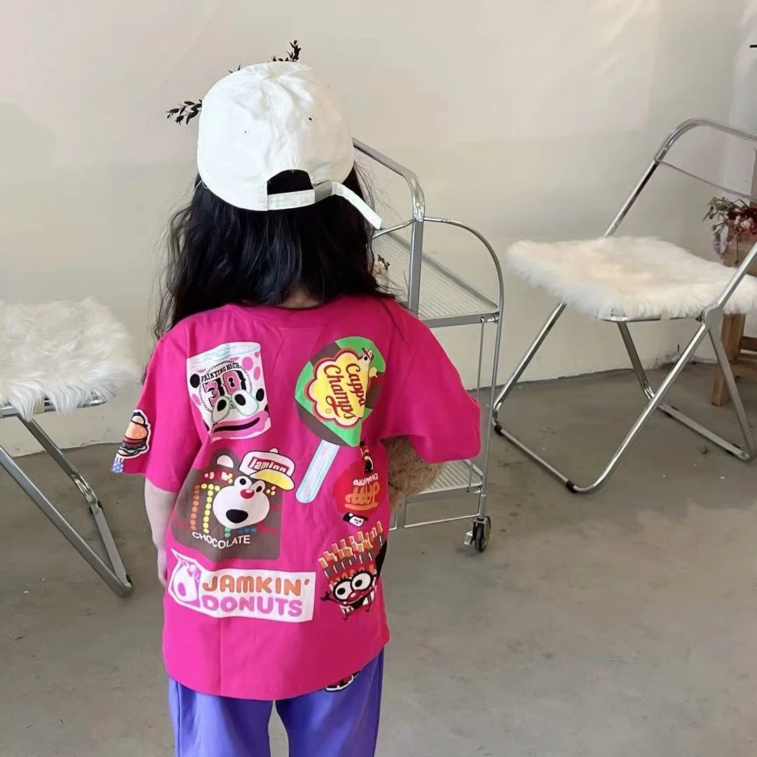 新款2025日系儿童短袖男女童宝宝卡通甜甜圈印花上衣夏高定洋气