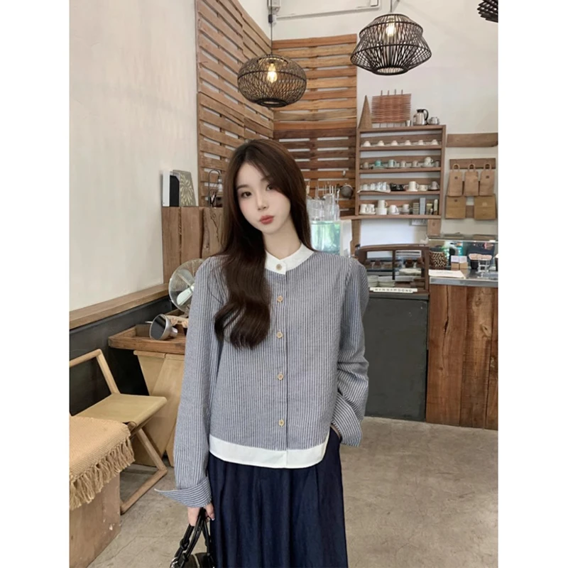 韩系气质条纹撞色长袖衬衫女2025春季新款设计感宽松休闲百搭上衣
