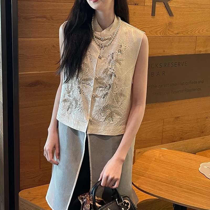 新中式国风醋酸马甲女2025高端绣花假两件重工钉珠亮片减龄上衣