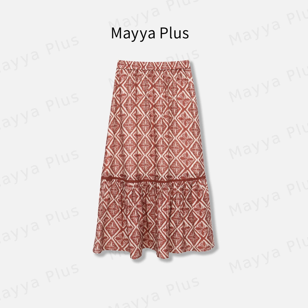 【美式画廊】Mayya Plus麦芽定制高腰印花半身裙显瘦中长裙32526898