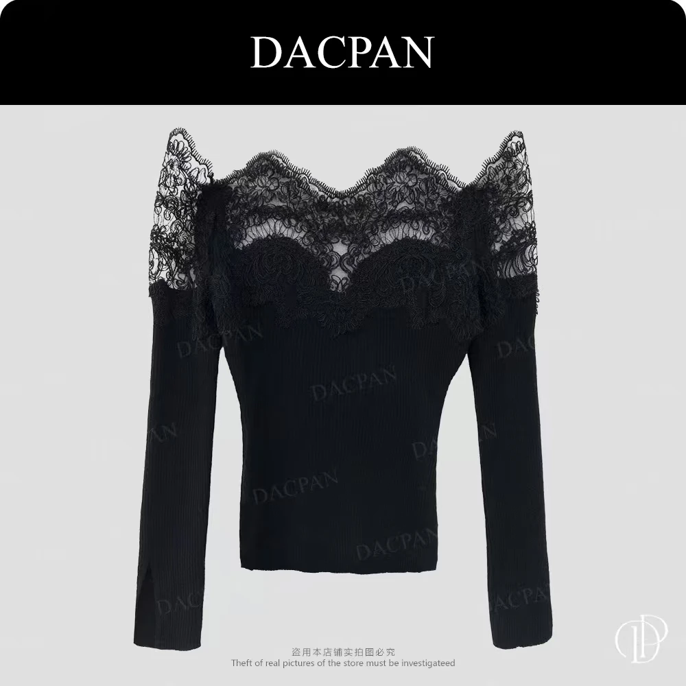 DACPAN-“酥酥心跳”蕾丝拼接羊毛混纺一字肩上衣 2025/盼·PP 8316