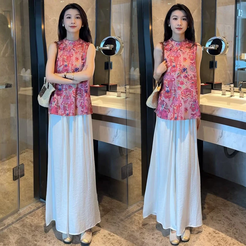 新中式国风时尚套装女夏季新款洋气无袖提花上衣阔腿裤气质两件套