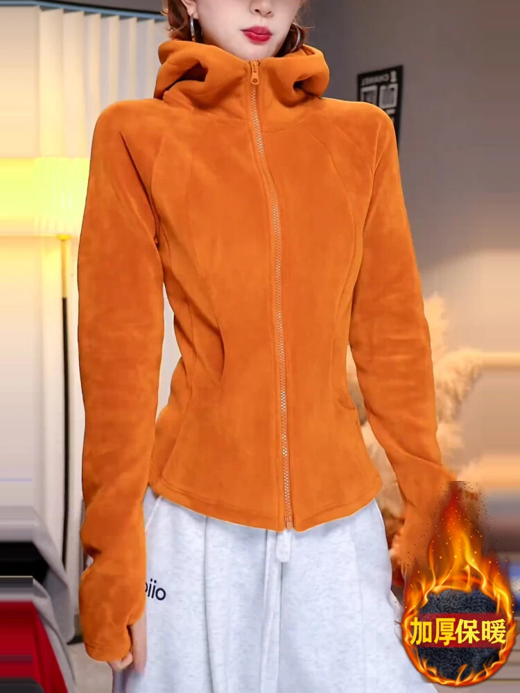 欧货大牌橙色柔绒质感连帽长袖2025秋冬新款修身保暖大码上衣女