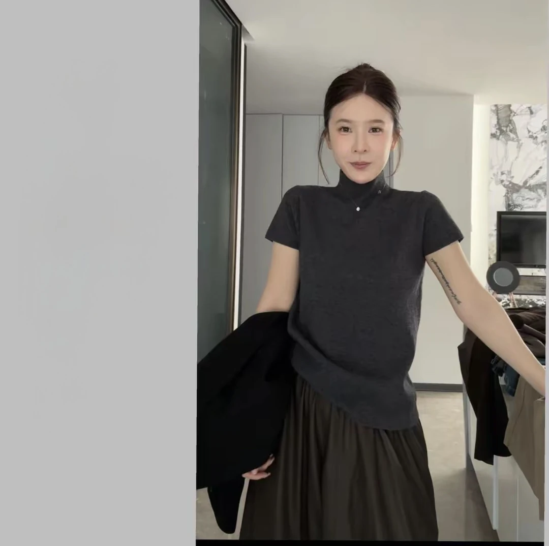 简韩2025秋款时尚半高领女显瘦休闲百搭针织短袖上衣小立领打底