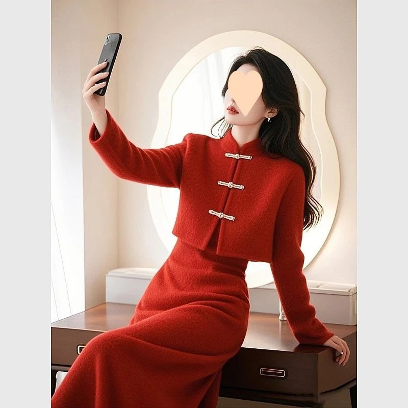 新中式小香风国风复古盘扣套装气质新年红色外套半身裙两件两件套