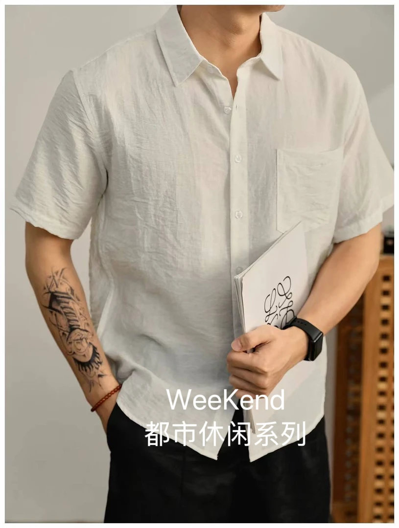 2025年夏季棉麻衬衫短袖衬衫凉感透气休闲度假风绿色纯色百搭衬衣