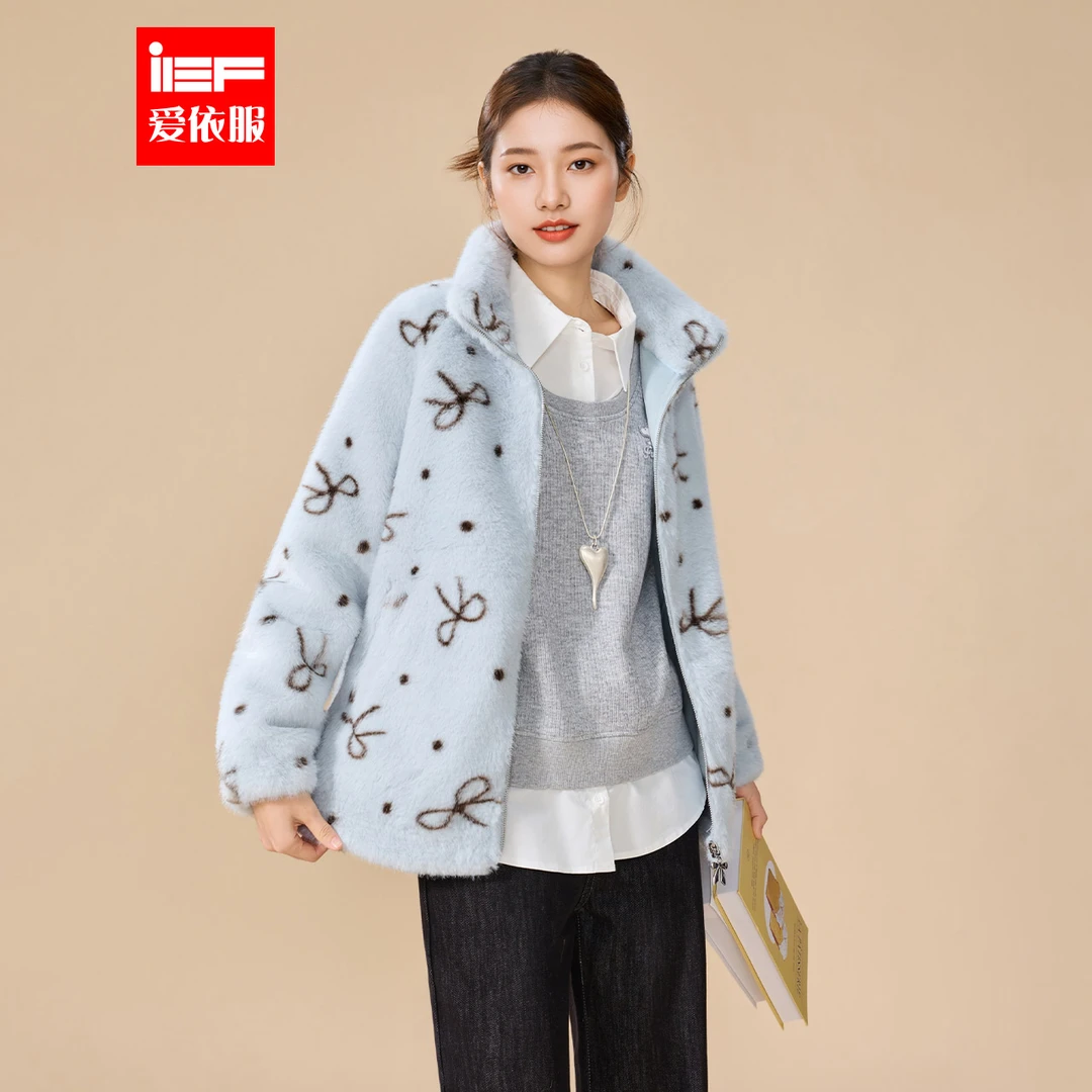 IEF/爱依服2025冬季新款韩版日常休闲百搭时尚宽松蝴蝶结毛绒外套
