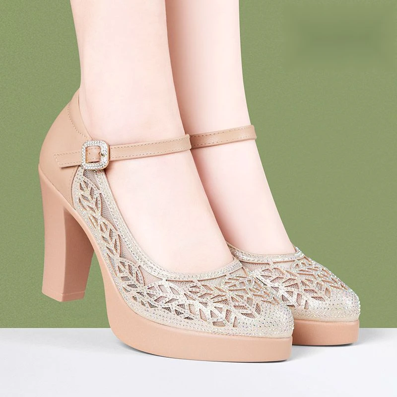 女真皮凉鞋2025新款镂空粗跟厚底网纱单鞋简约设计气质优雅软底鞋