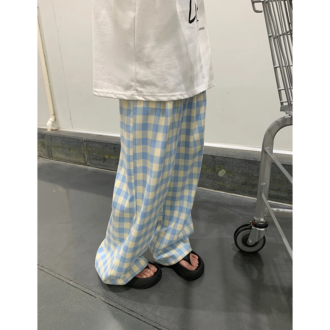 【清苍 韩女穿搭】夏季显瘦百搭高腰休闲时髦蓝色格子垂感直筒裤