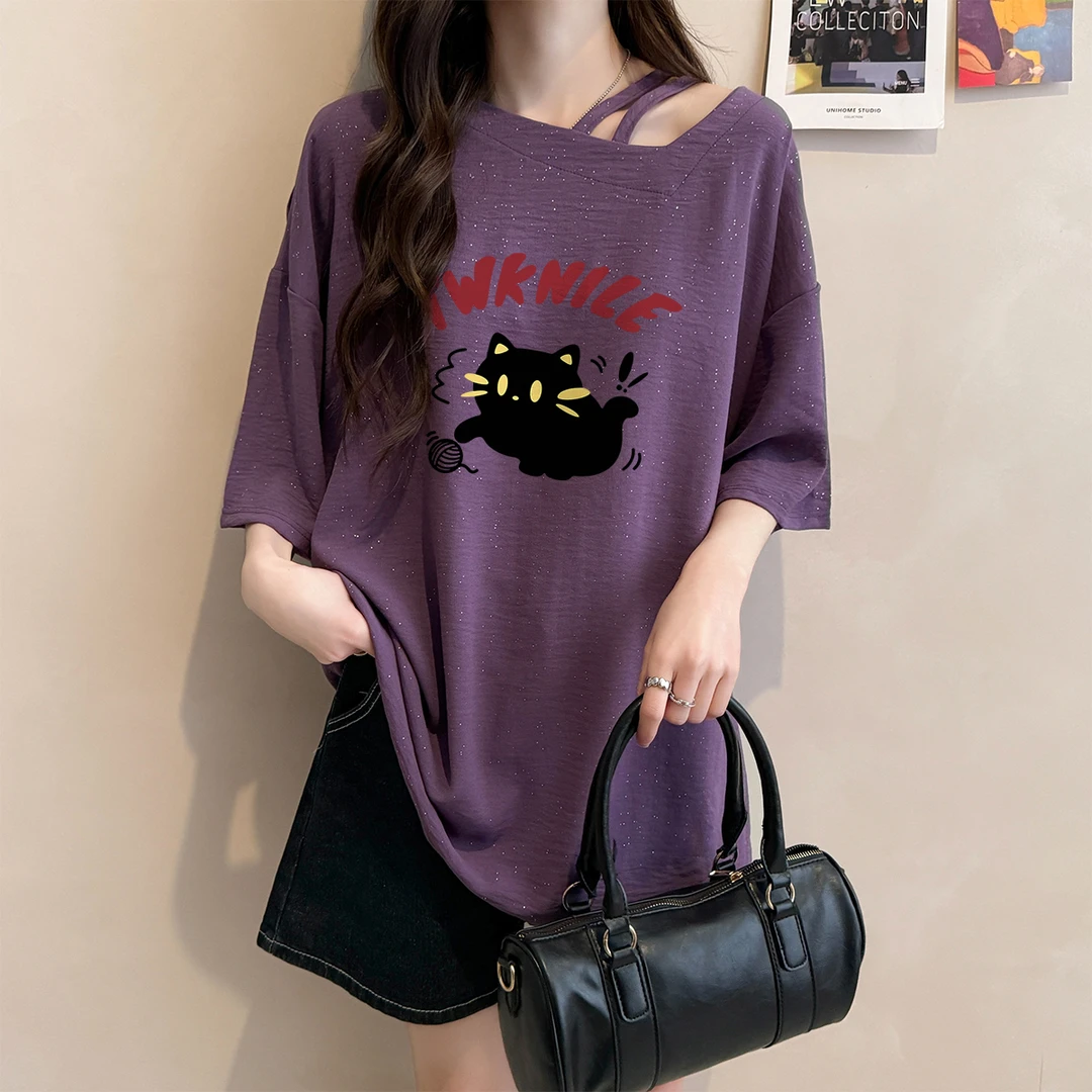 洋气卡通印花短袖T恤女夏季新款宽松显瘦亮闪闪设计感小众上衣潮