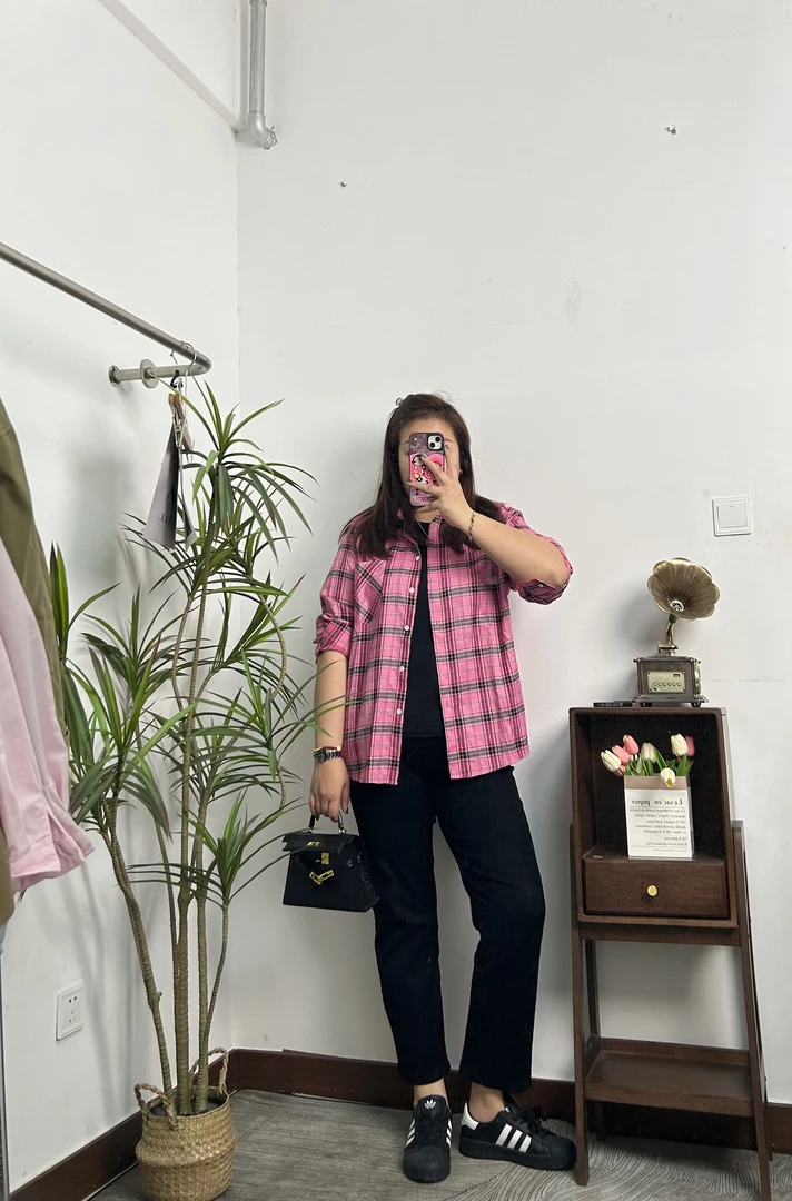 Cottoncandy小众街头中性复古撞色格纹长袖衬衫