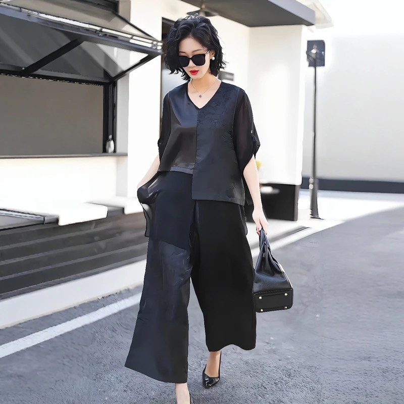 25夏季大码新中式国风妈妈提花上衣宽松阔腿裤时尚气质两件套装女