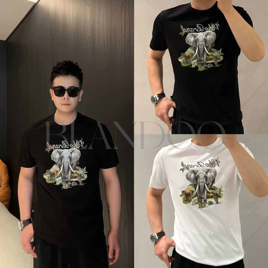 BLANDOO “质感穿搭” 男士时尚潮酷大象烫钻印花短袖T恤11365