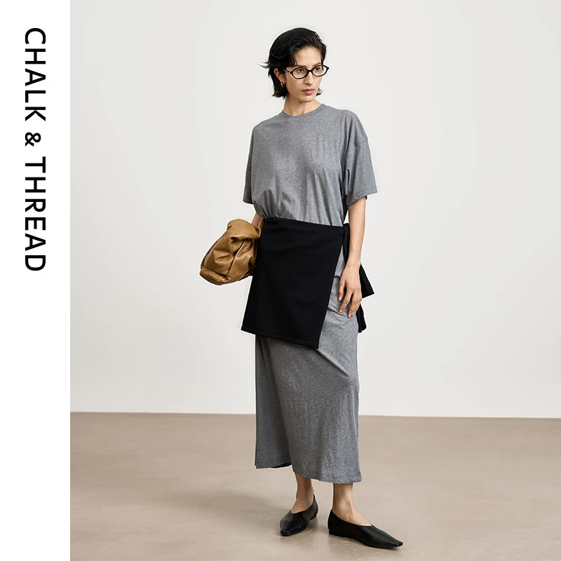 CHALK&THREAD直筒廓形oversized强捻棉质圆领短袖T恤连衣裙