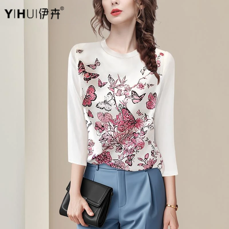 YIHUI伊卉春装印花T恤上衣女七分袖显瘦打底衫洋气套头SA255337