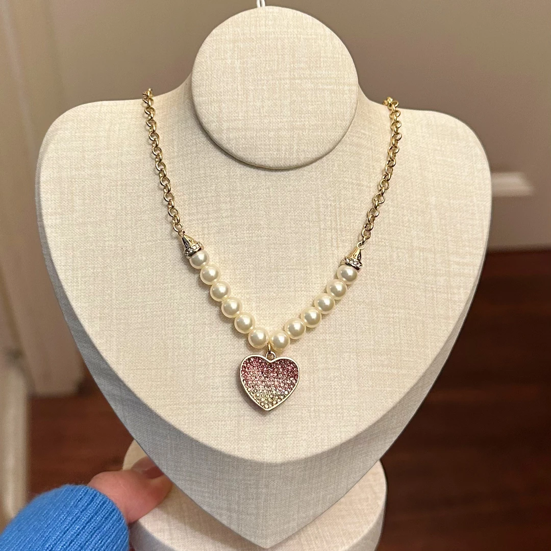 铜合金仿珍珠项链 X0164轻奢坠链法式拼接素款渐变粉