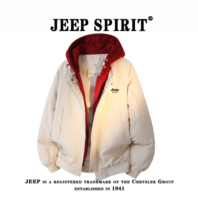 JEEPSPIRIT吉普大码假两件棉衣男女外套冬季加厚连帽工装夹克棉服